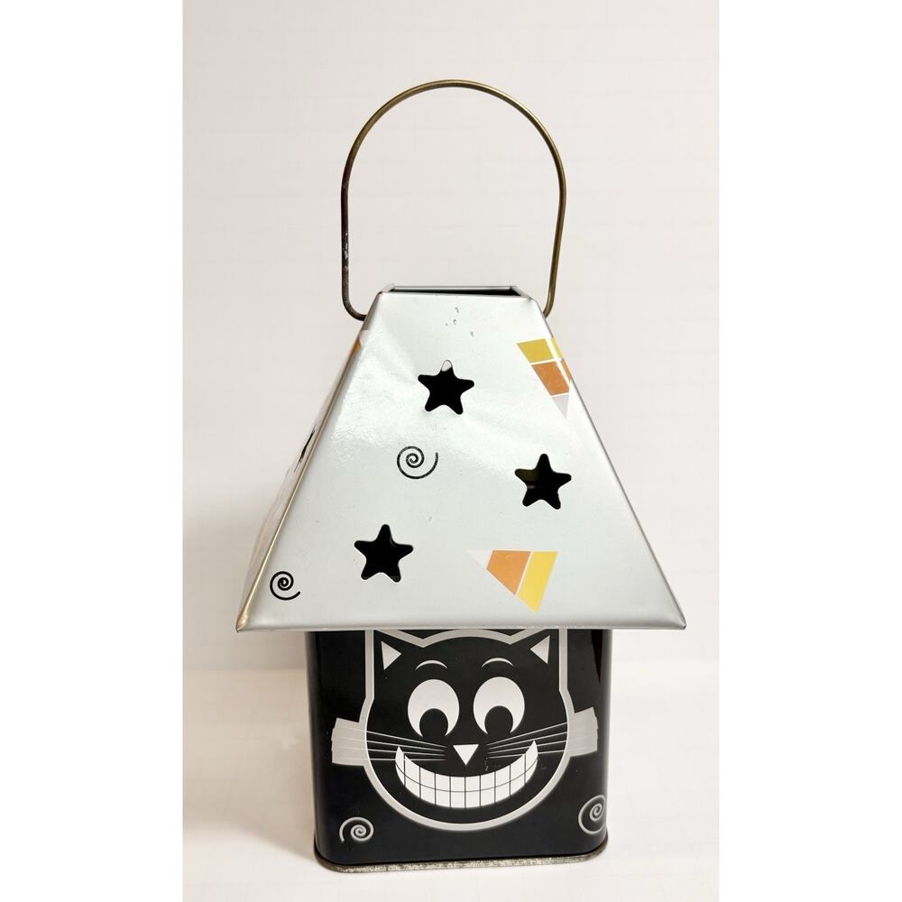 Cat Lantern Halloween Luminary Tin Metal Vtg Look Candycorn Lantern Decor